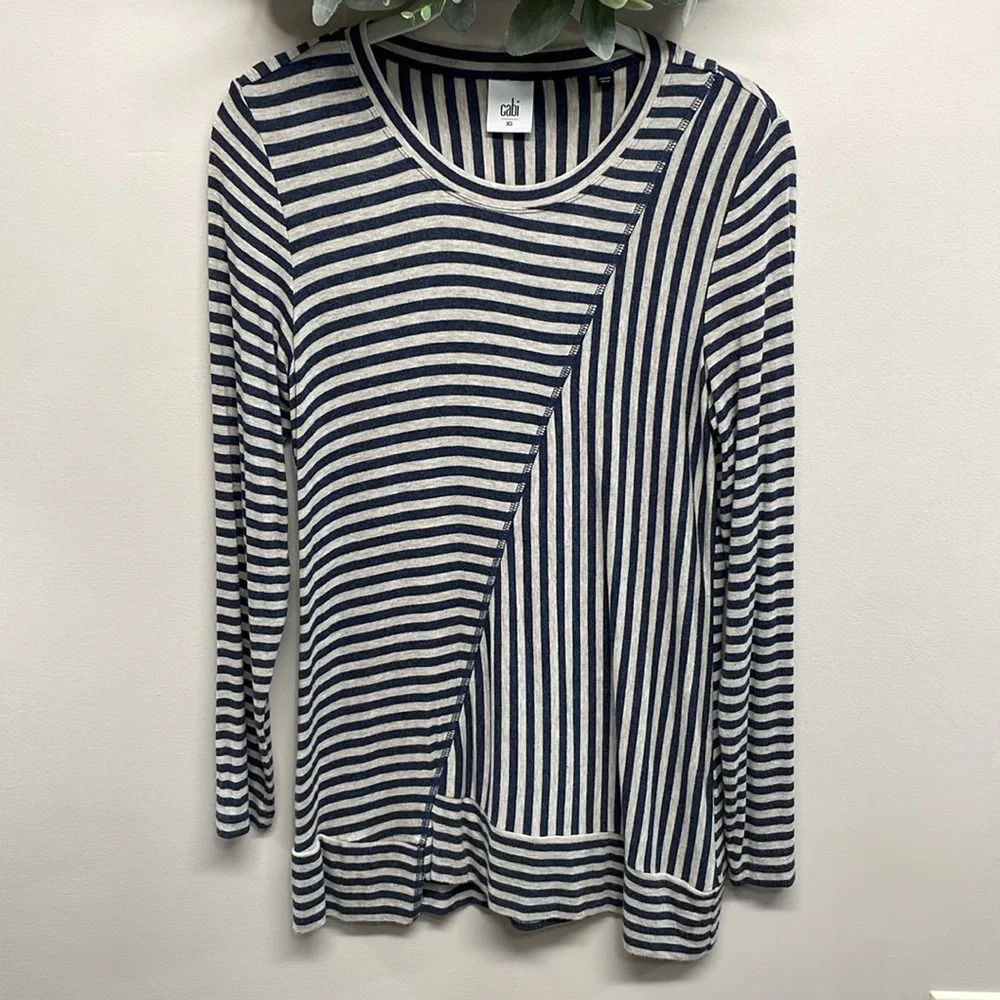 NWOT Cabi #3228 Ernest Knit Long Sleeve Tee Tunic Top Navy Oatmeal Striped XS